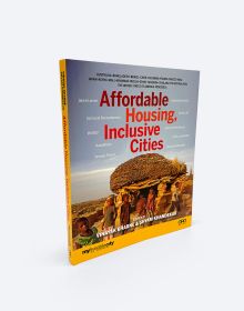 Book cover of Affordable Housing Inclusive Cities, with an African village with a stone and straw hut, and group of children. Published by ORO Editions.
