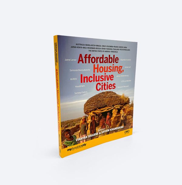 Book cover of Affordable Housing Inclusive Cities, with an African village with a stone and straw hut, and group of children. Published by ORO Editions.