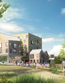 Red filtered aerial photo of town, on white cover, Housing Northwest Arkansas in beige font to centre