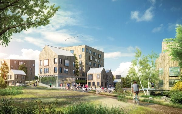 Red filtered aerial photo of town, on white cover, Housing Northwest Arkansas in beige font to centre