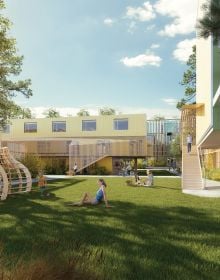 Red filtered aerial photo of town, on white cover, Housing Northwest Arkansas in beige font to centre