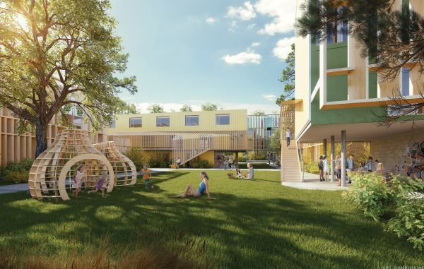 Red filtered aerial photo of town, on white cover, Housing Northwest Arkansas in beige font to centre