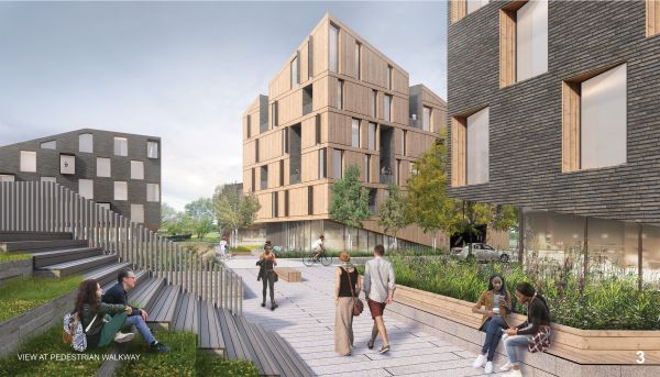 Red filtered aerial photo of town, on white cover, Housing Northwest Arkansas in beige font to centre