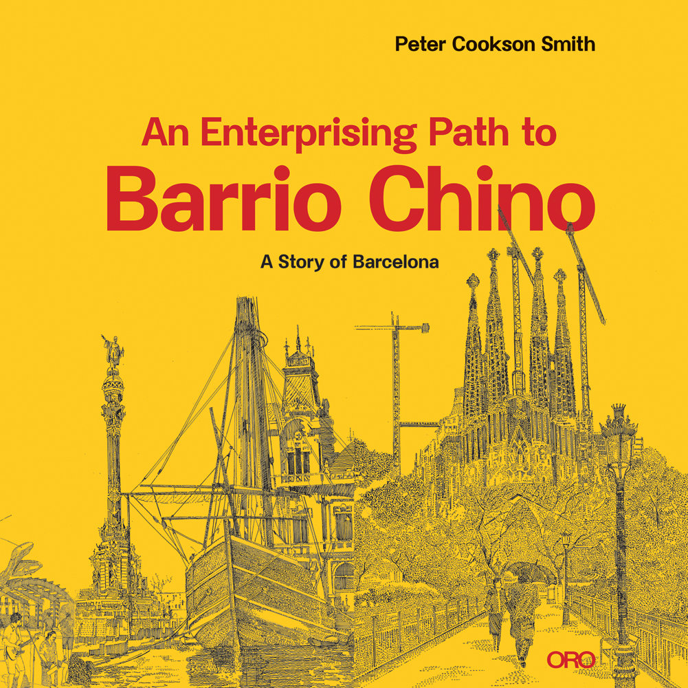 Black ink drawing of Barcelona, The Cathedral of Santa Eulalia on bright yellow cover, An enterprising path to Barrio China in red font above.