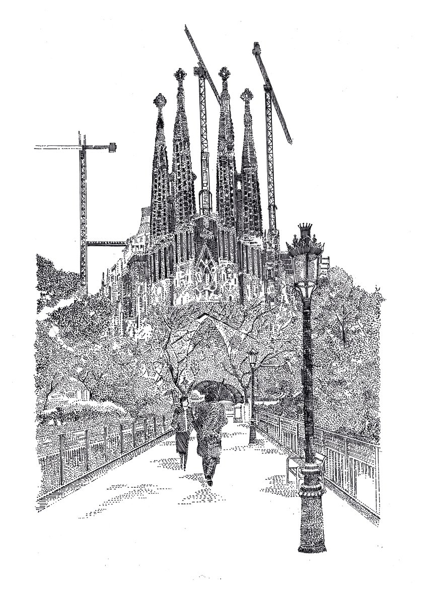 Black ink drawing of Barcelona, The Cathedral of Santa Eulalia on bright yellow cover, An enterprising path to Barrio China in red font above.