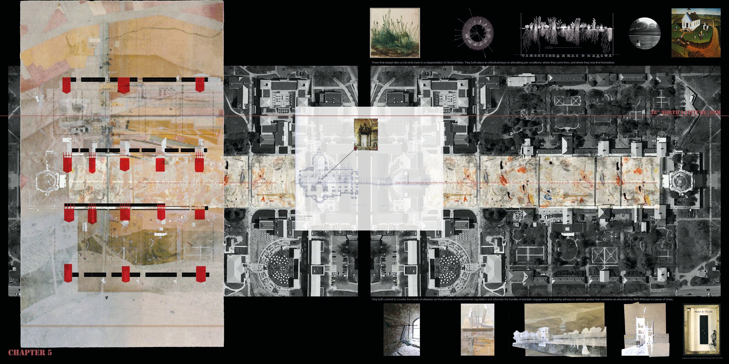 Aerial photograph of building with landscape, transparent drawing of shovel digging land on top, Connective Tissues Ten Essays by University Virginia Kenan Fellows 2001-2016 in yellow font above.