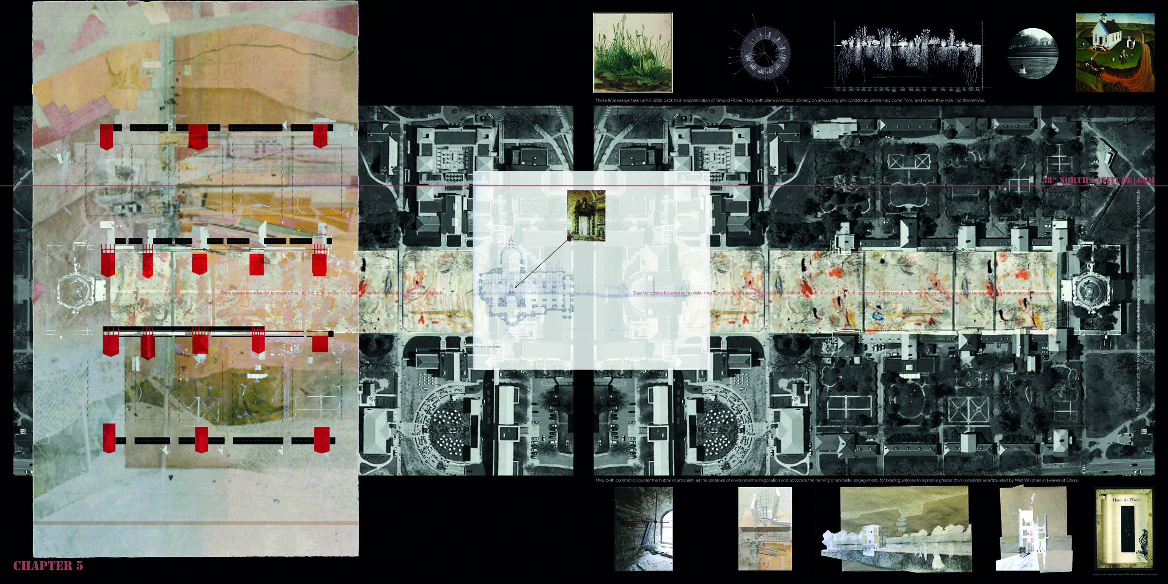 Aerial photograph of building with landscape, transparent drawing of shovel digging land on top, Connective Tissues Ten Essays by University Virginia Kenan Fellows 2001-2016 in yellow font above.