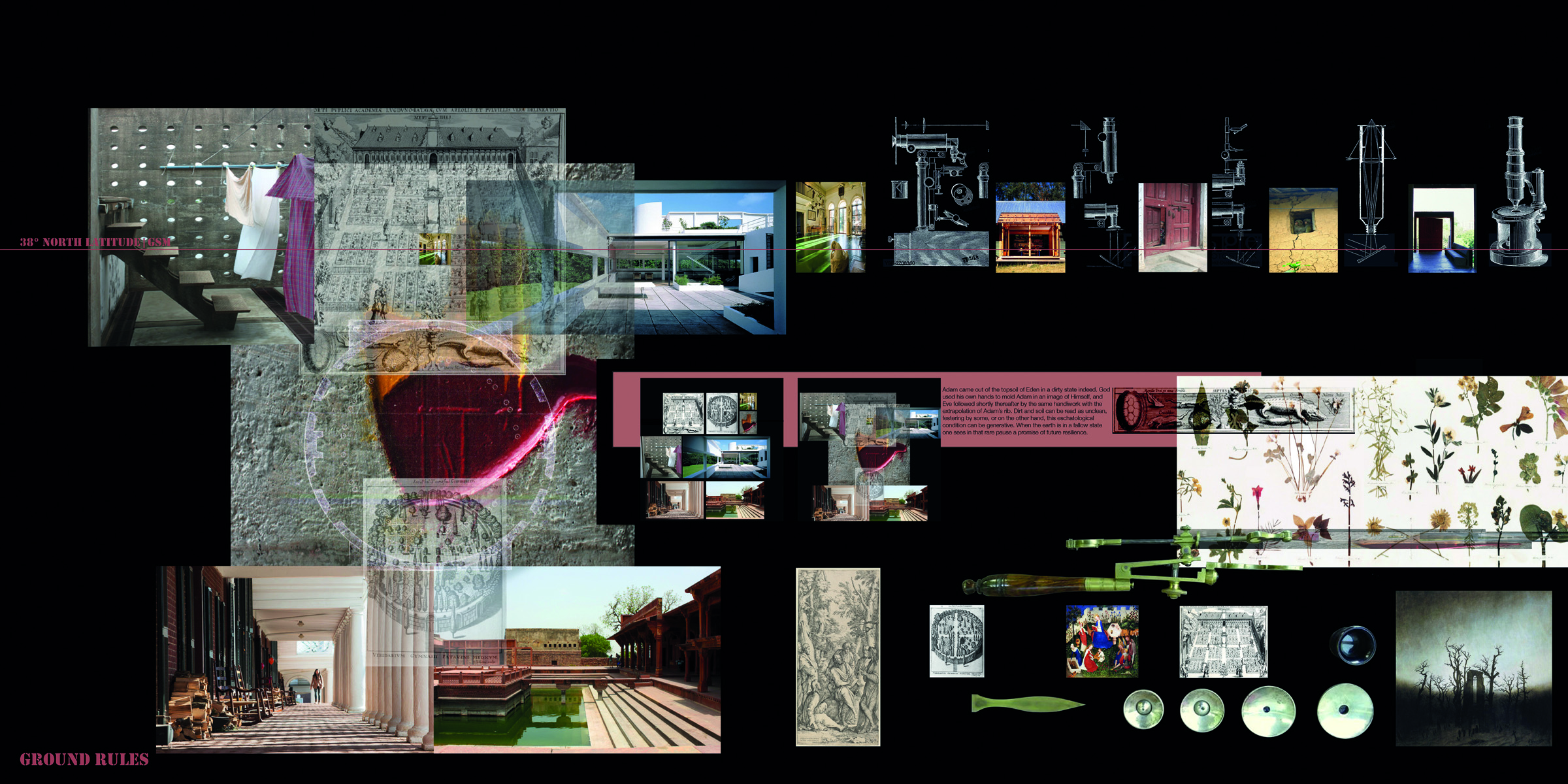 Aerial photograph of building with landscape, transparent drawing of shovel digging land on top, Connective Tissues Ten Essays by University Virginia Kenan Fellows 2001-2016 in yellow font above.