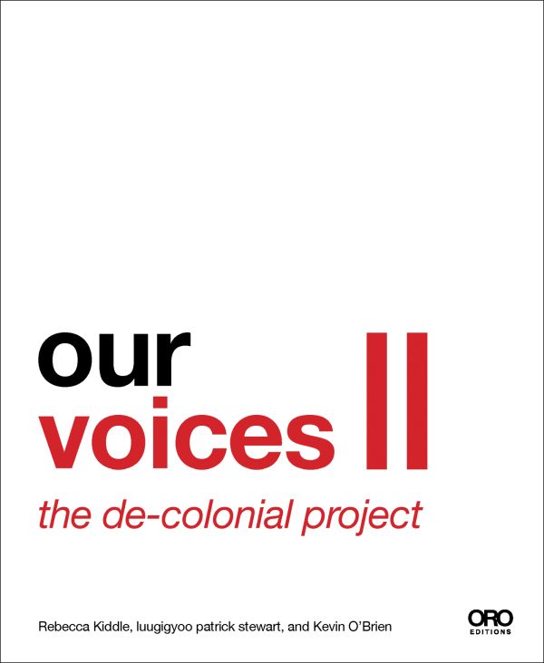 White cover with Our Voices II The DE-colonial Project in black and red font to lower left