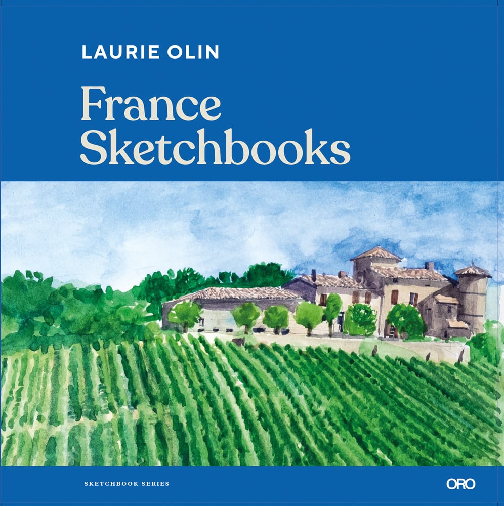 Painting of French landscape with stone house and lush green vineyard, France Sketchbooks in cream on top blue banner.