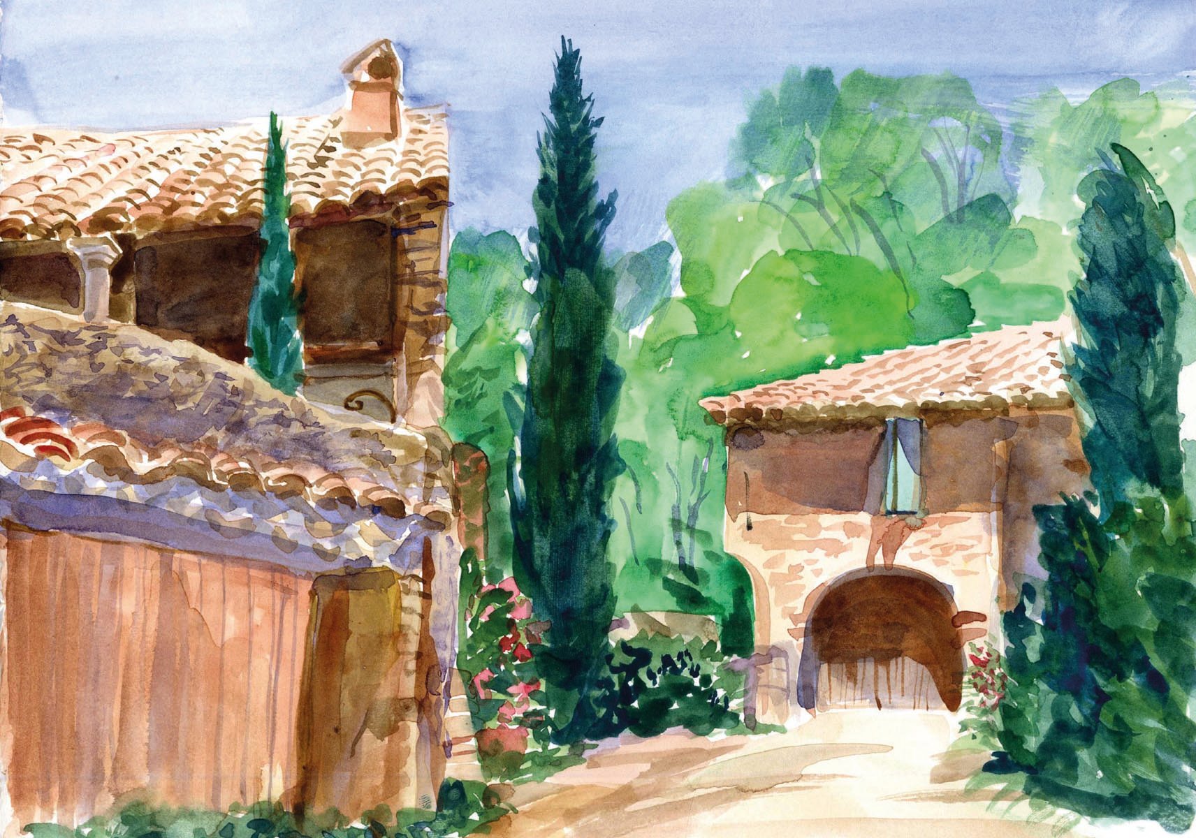 Painting of French landscape with stone house and lush green vineyard, France Sketchbooks in cream on top blue banner.