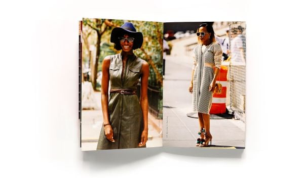 Black skinned woman in peplum top and glasses, high style dreadlocks, Street Culture in white font below