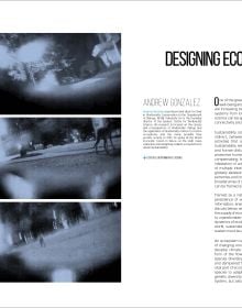 Circle painting with contents headers listed around like iris, on white cover, LA+ in black and blue font to top right corner