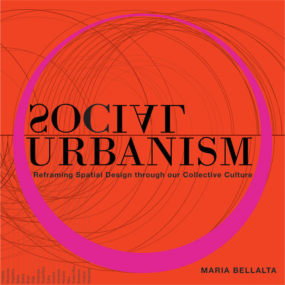 Bright orange cover with bright pink circle outline, fine black spirograph circles, social urbanism in black font to centre, social written backwards and upside down.
