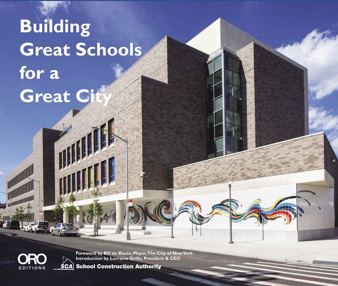 Elm tree elementary school, rainbow swirls on white tiled surface wall, Building Great Schools for a Great City in white font to upper left.