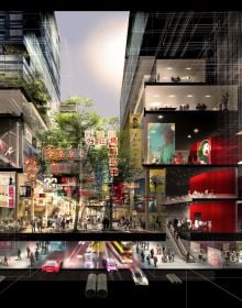 Colourful geological diagram of landscape, blue sky with birds in distance, VISUAL DISCOVERIES A COLLECTION OF SECTIONS in white and black font to centre.