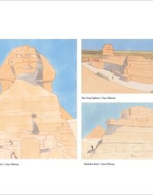 Illustration of Egyptian building with columns, mirror image below, white cover, EGYPTIAN PLACES in red font to centre.