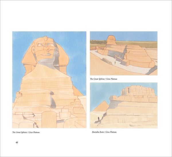 Illustration of Egyptian building with columns, mirror image below, white cover, EGYPTIAN PLACES in red font to centre.