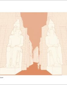 Illustration of Egyptian building with columns, mirror image below, white cover, EGYPTIAN PLACES in red font to centre.