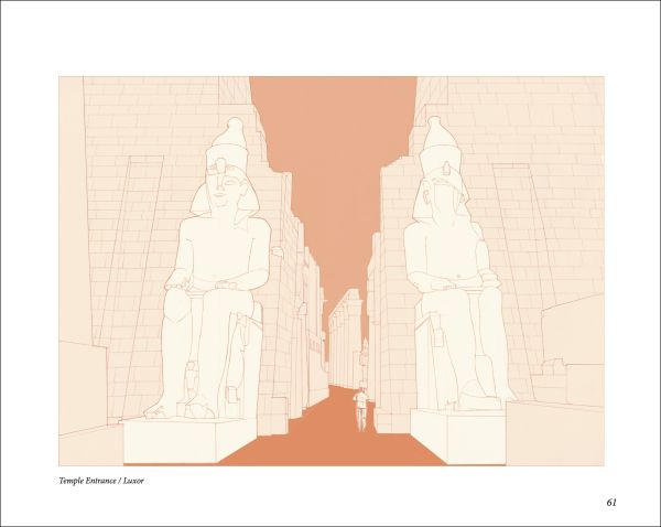 Illustration of Egyptian building with columns, mirror image below, white cover, EGYPTIAN PLACES in red font to centre.