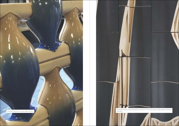 Grey and blue tile edges with Architectural Ceramic Assemblies Workshop in white font to top right