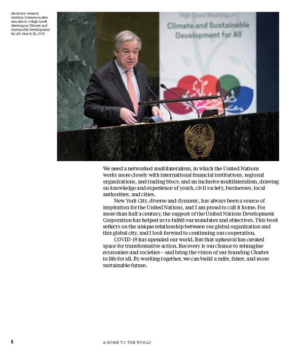 Sky blue cover with A Home to the World The United Nations and New York City in black font in centre