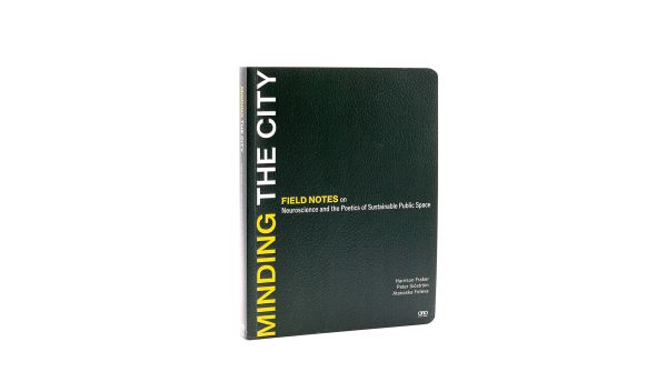 Urban city space featuring glass building with underpass and people walking about, Minding the City Fields notes on meaning in performative urban space in white font near centre.