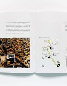 Urban city space featuring glass building with underpass and people walking about, Minding the City Fields notes on meaning in performative urban space in white font near centre.