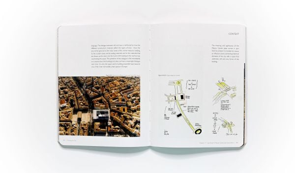 Urban city space featuring glass building with underpass and people walking about, Minding the City Fields notes on meaning in performative urban space in white font near centre.