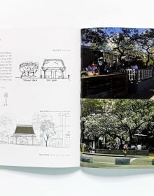 Urban city space featuring glass building with underpass and people walking about, Minding the City Fields notes on meaning in performative urban space in white font near centre.