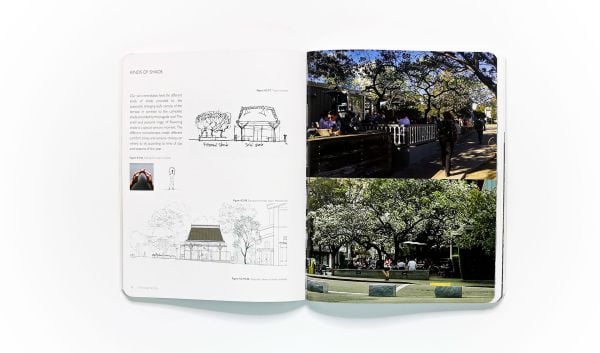 Urban city space featuring glass building with underpass and people walking about, Minding the City Fields notes on meaning in performative urban space in white font near centre.