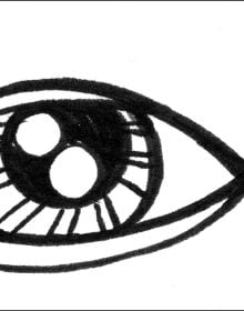 Illustration of sling shot, eyeball fixed to band, The Cannibals Cookbook Mining Myths of Cyclopean Constructions in black font.