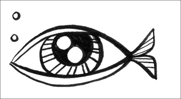 Illustration of sling shot, eyeball fixed to band, The Cannibals Cookbook Mining Myths of Cyclopean Constructions in black font.