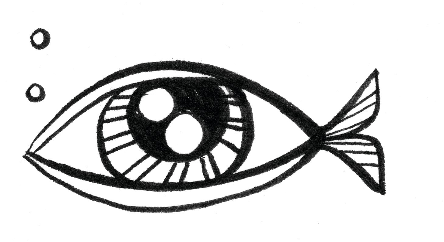 Illustration of sling shot, eyeball fixed to band, The Cannibals Cookbook Mining Myths of Cyclopean Constructions in black font.