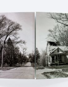 Book cover of Mise-en-Scène The Lives and Afterlives of Urban Landscapes, with a vast American urban landscape, with skeletal trees in foreground. Published by ORO Editions.