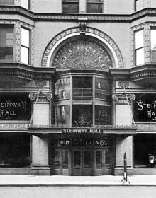 5 architect portraits with Frank L. Wright and the Architects of Steinway Hall in black font on beige central banner