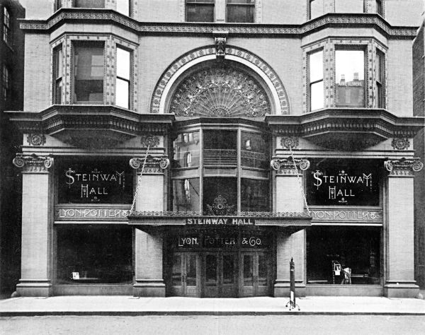 5 architect portraits with Frank L. Wright and the Architects of Steinway Hall in black font on beige central banner
