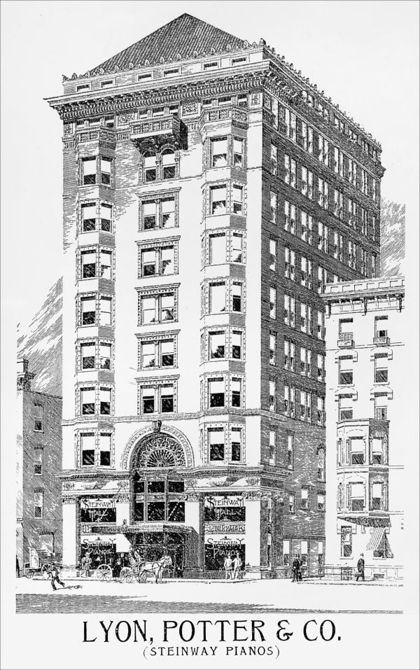 5 architect portraits with Frank L. Wright and the Architects of Steinway Hall in black font on beige central banner