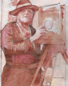 Blue cover with seated black model in white dress, holding scroll with Behind the Camera in white font above