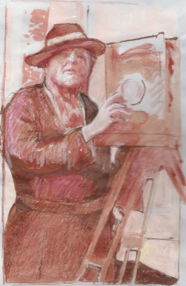 Blue cover with seated black model in white dress, holding scroll with Behind the Camera in white font above