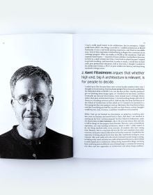 List of architects and headers, joined with lines, What Kind of Architect Are You? Udo Greinacher in bright yellow font on blue cover.