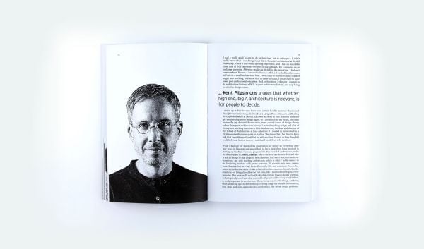 List of architects and headers, joined with lines, What Kind of Architect Are You? Udo Greinacher in bright yellow font on blue cover.