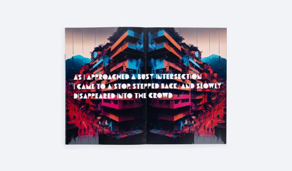 Silhouette of figure walking towards black and white city, on cover of 'I, Nobot', by ORO Editions.