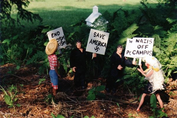 Book cover of G. H. Hovagimyan: Situationist Funhouse, with a man balancing on a wooden structure. Published by ORO Editions.