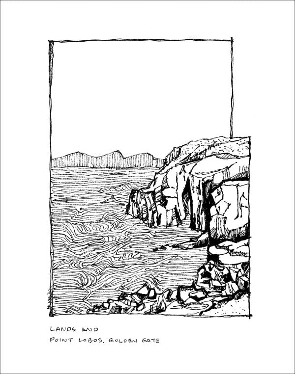 Book cover of Death by Design at Alcatraz, with a white silhouette of a man in free fall, landscape of Alcatraz behind. Published ORO Editions.