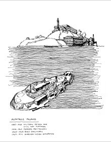 Book cover of Death by Design at Alcatraz, with a white silhouette of a man in free fall, landscape of Alcatraz behind. Published ORO Editions.