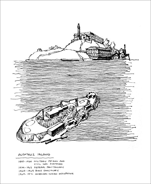 Book cover of Death by Design at Alcatraz, with a white silhouette of a man in free fall, landscape of Alcatraz behind. Published ORO Editions.