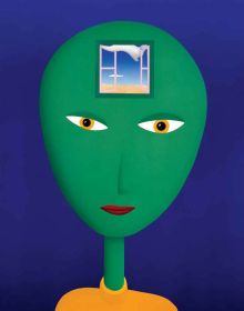 Dark blue starry night sky with figure perched on planet earth holding fishing rod with Who Am I? in white handwritten font above