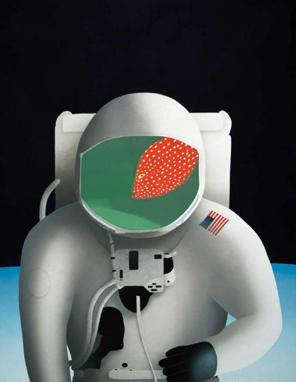 Dark blue starry night sky with figure perched on planet earth holding fishing rod with Who Am I? in white handwritten font above