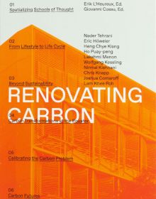 High rise building in orange, on cover of 'Renovating Carbon', by ORO Editions.